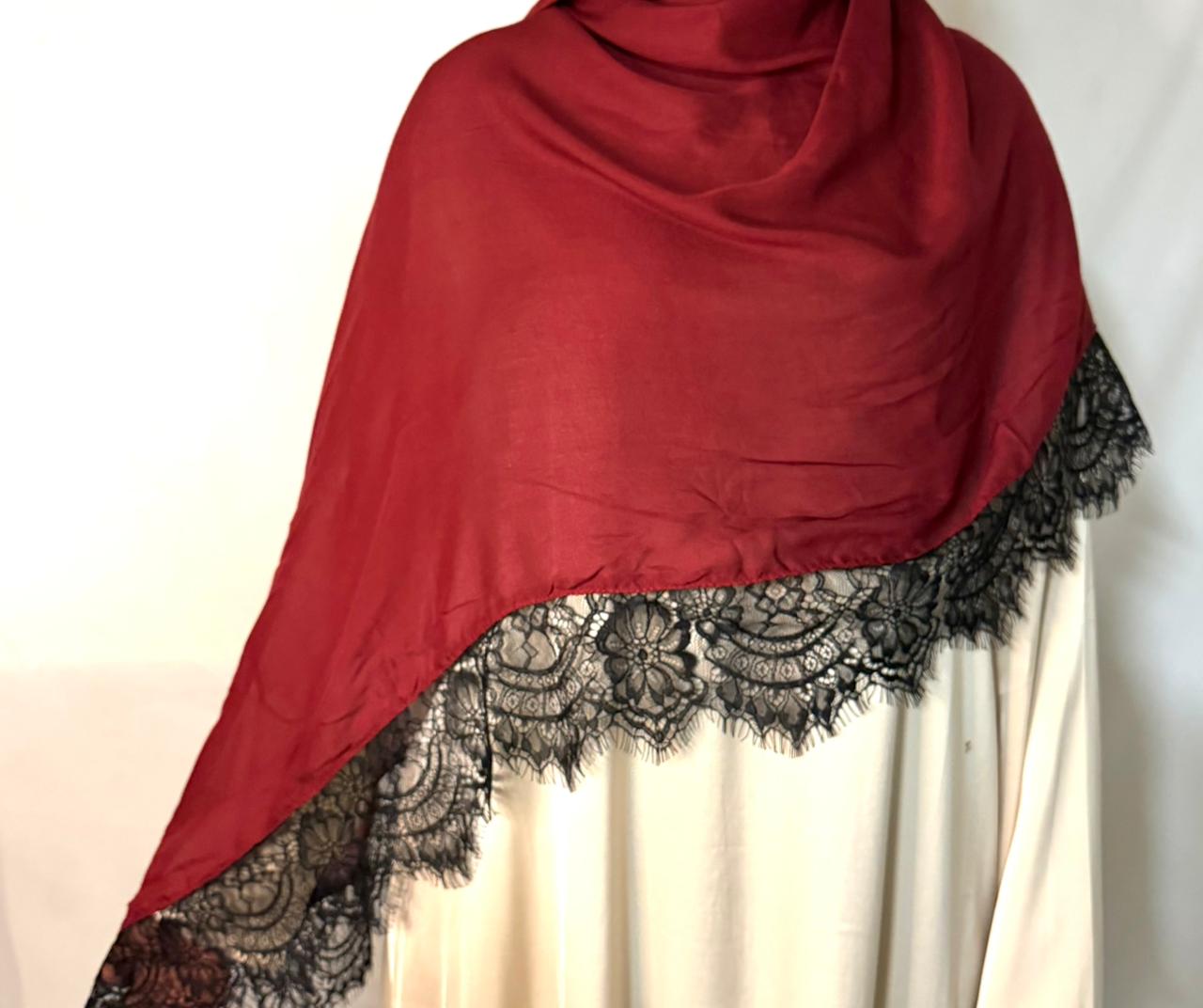 Red Hijab with Black Lace Border