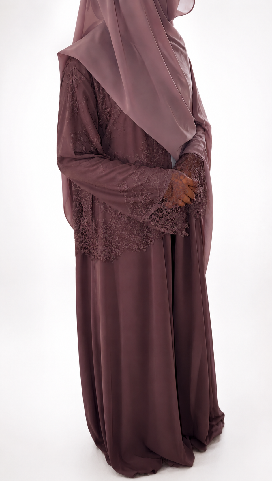 Mauve Lace Grace 2-Piece Abaya Set With Hijab