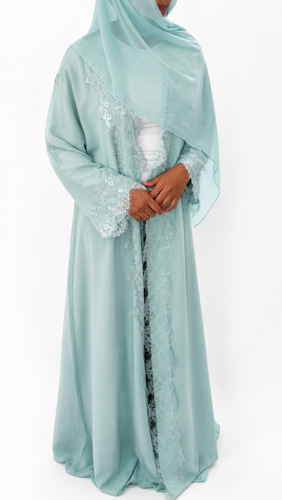 Mint Lace Open Abaya With Hihab
