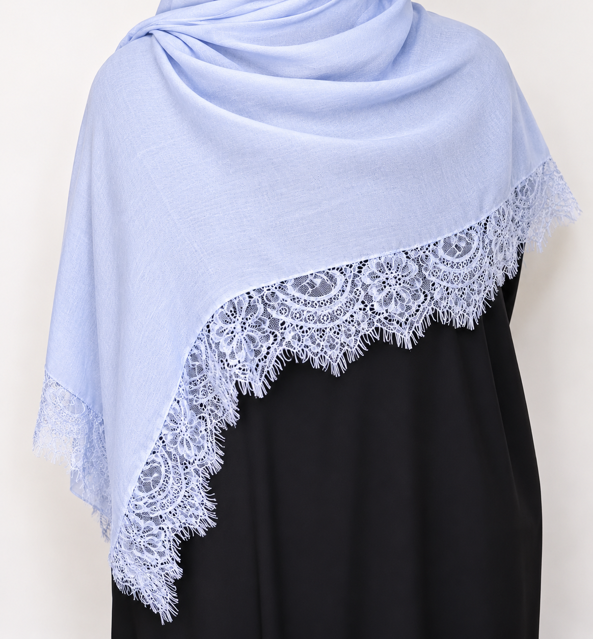 Sky Blue Hijab with White Lace Detail
