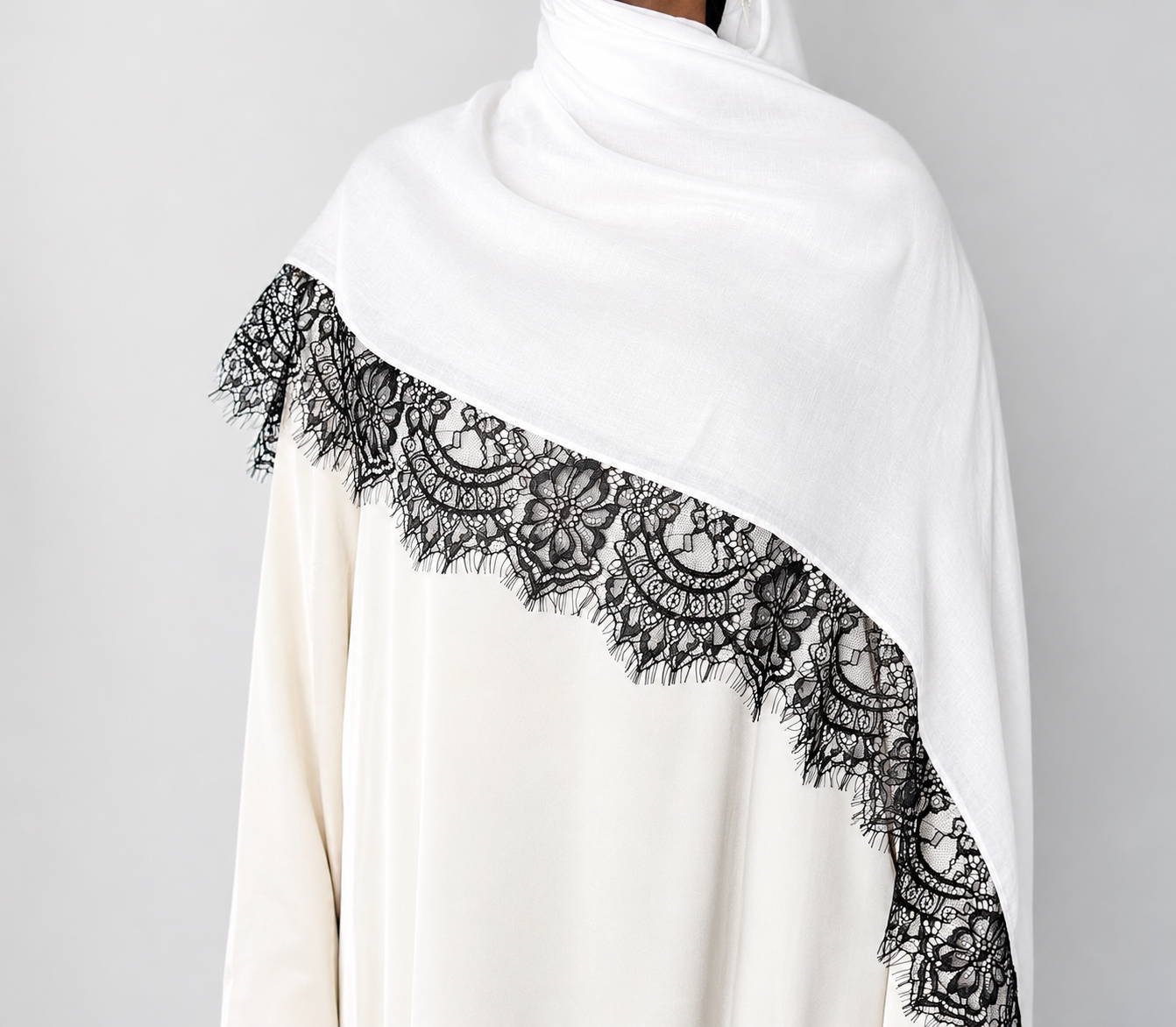 White Hijab with Black Lace Border