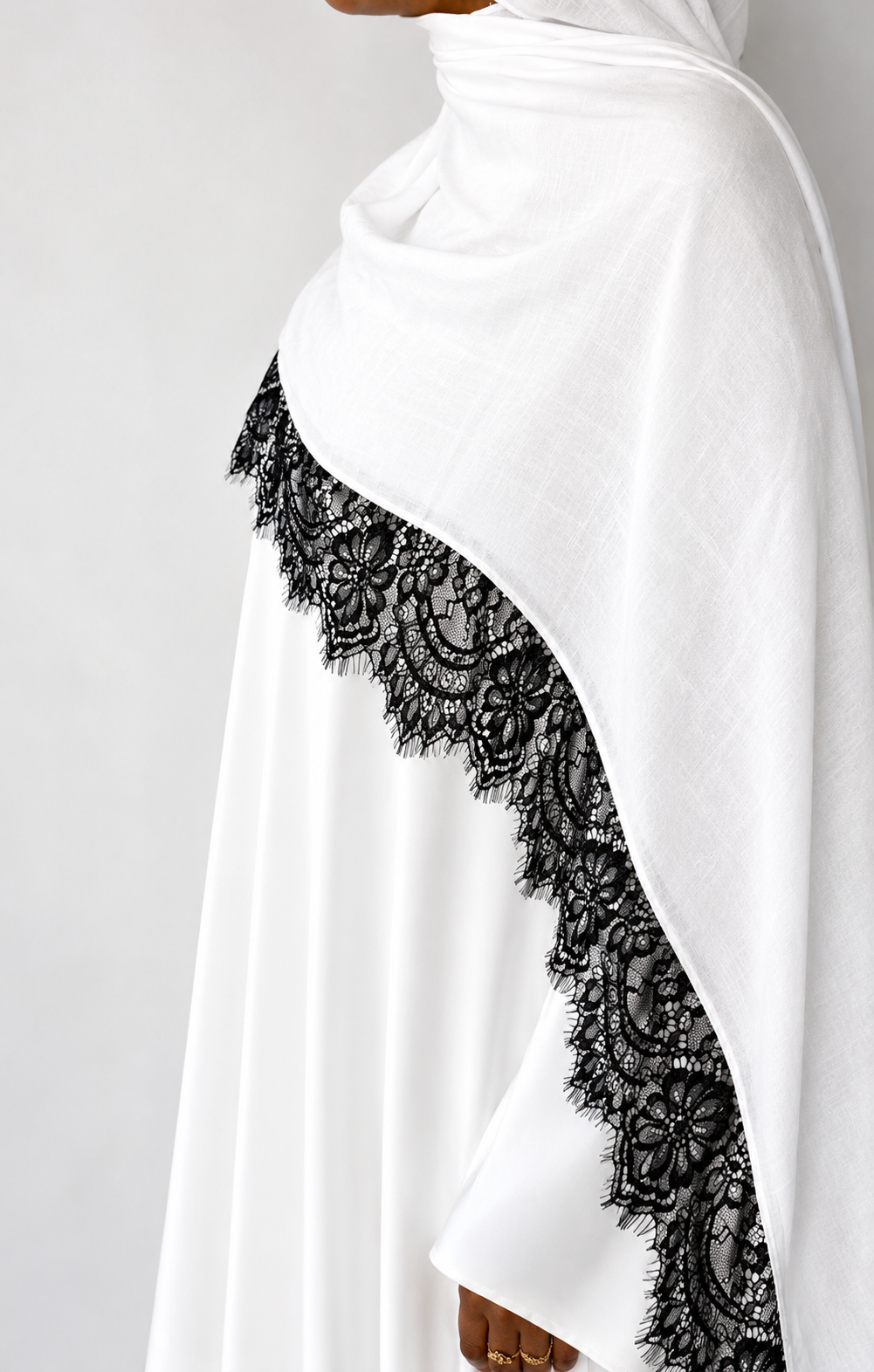 White Hijab with Black Lace Border