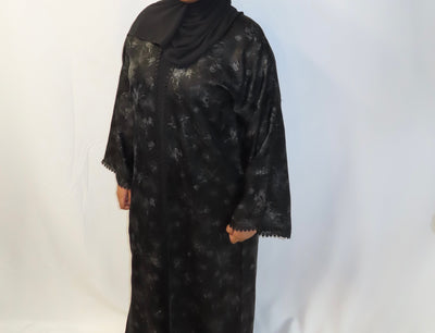 Black Floral Jacquard Abaya Set with Lace Cuffs