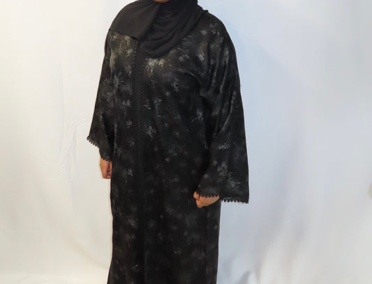 Black Floral Jacquard Abaya Set with Lace Cuffs