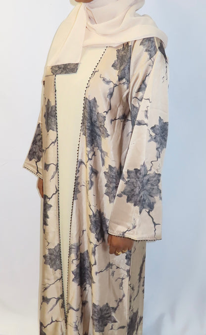 Cream Floral Print Abaya Set with Matching Hijab