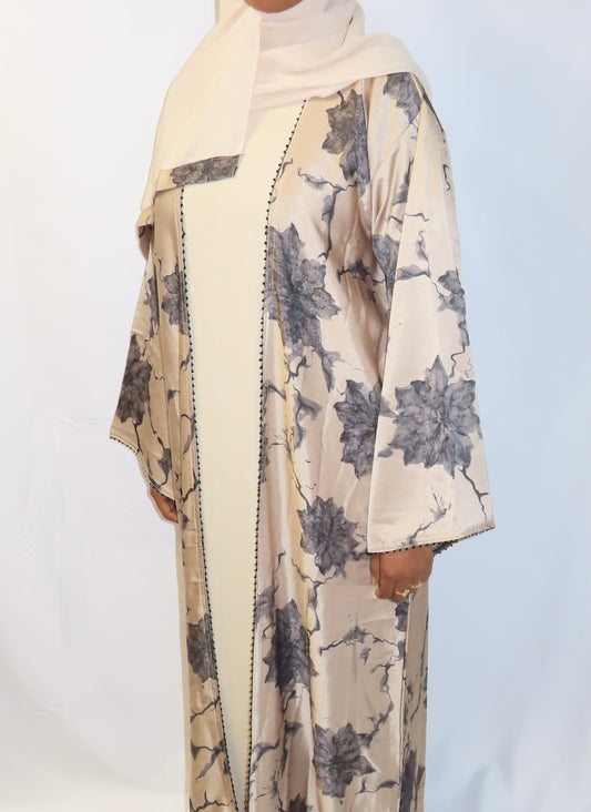 Cream Floral Print Abaya Set with Matching Hijab