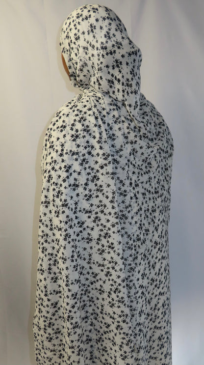 White & Black Flower Print Abaya Set