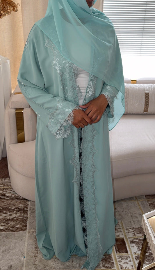 Mint Lace Open Abaya With Hihab