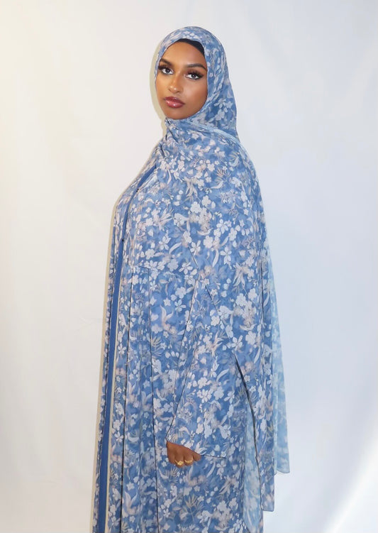 Blue Garden Print Abaya & Hijab Set