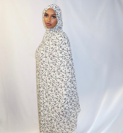 White & Black Flower Print Abaya Set