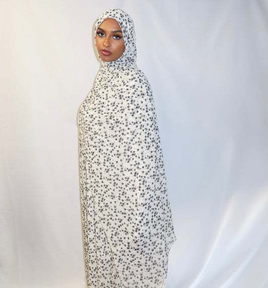 White & Black Flower Print Abaya Set