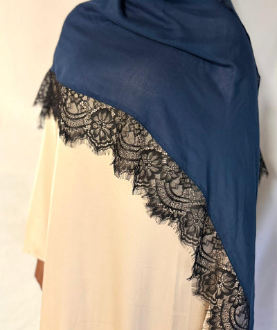 Blue Hijab with Black Lace Border